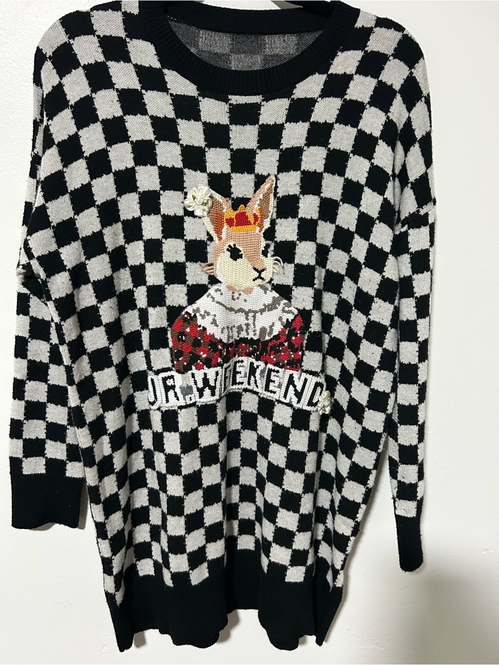 Italian 100% Wool Checkerboard Bunny Sweater Oversized Novelty Knit Sz 38